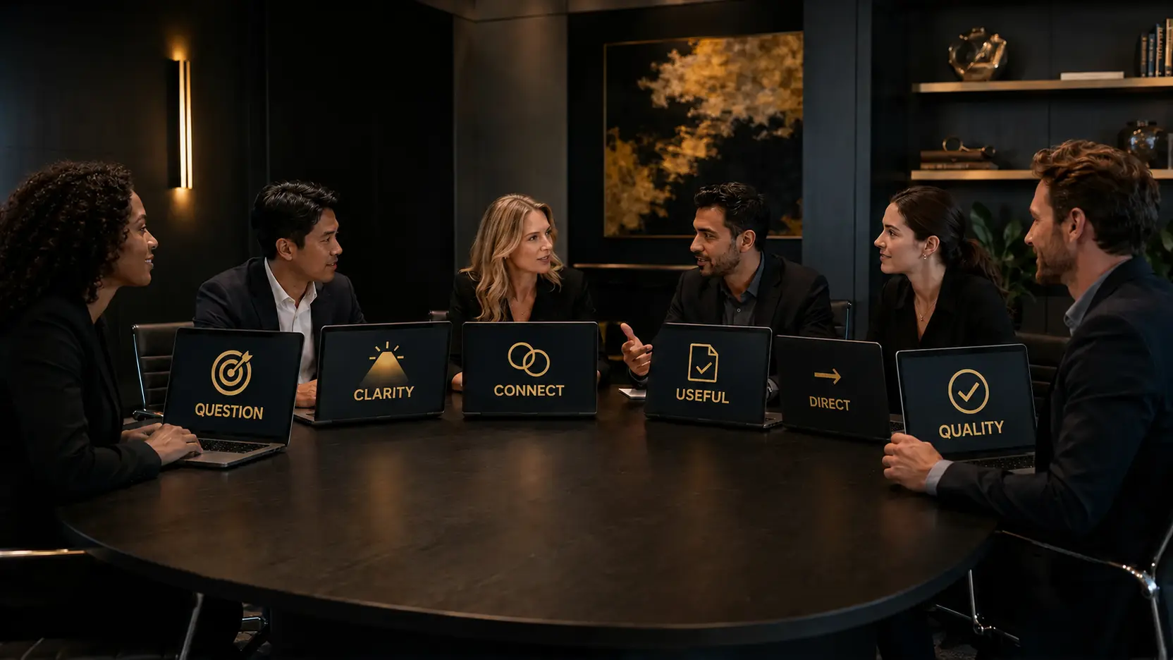 Insight Lab team principles represented across six laptops